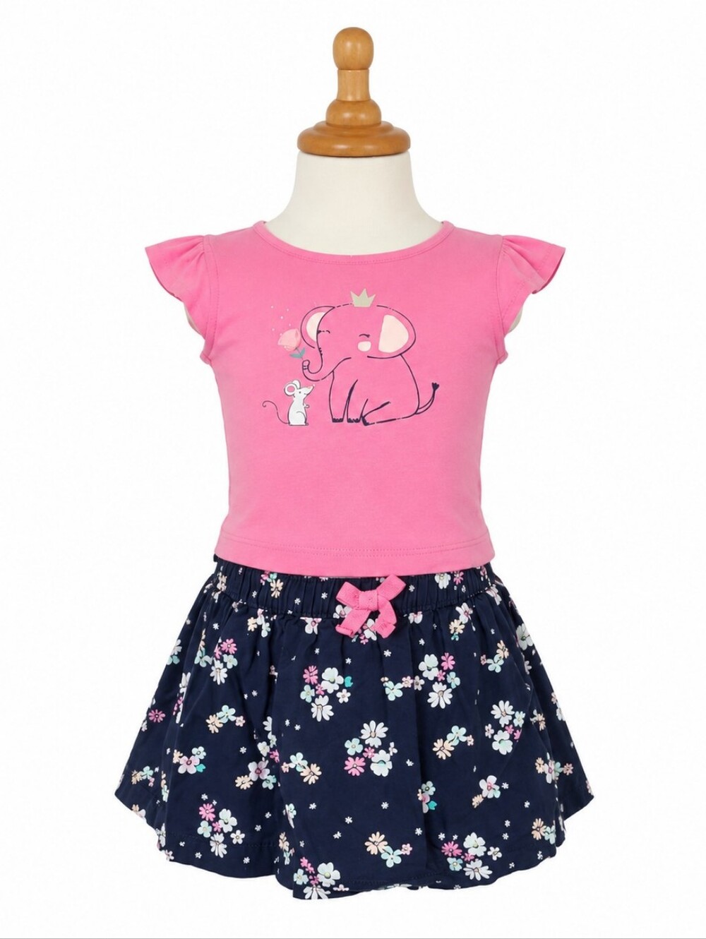 Carter's | Pink Elephant Graphic Tee and Navy Floral Skirt Set